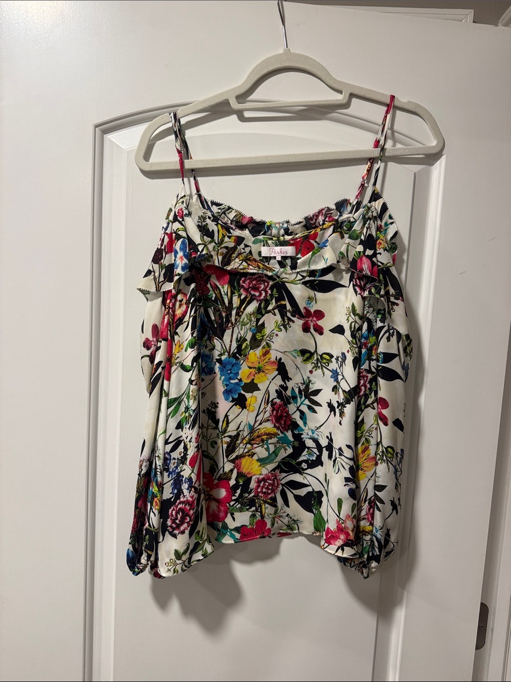 Parker Ivory Floral Ruffle-Trim Camisole with Multicolor Blooms